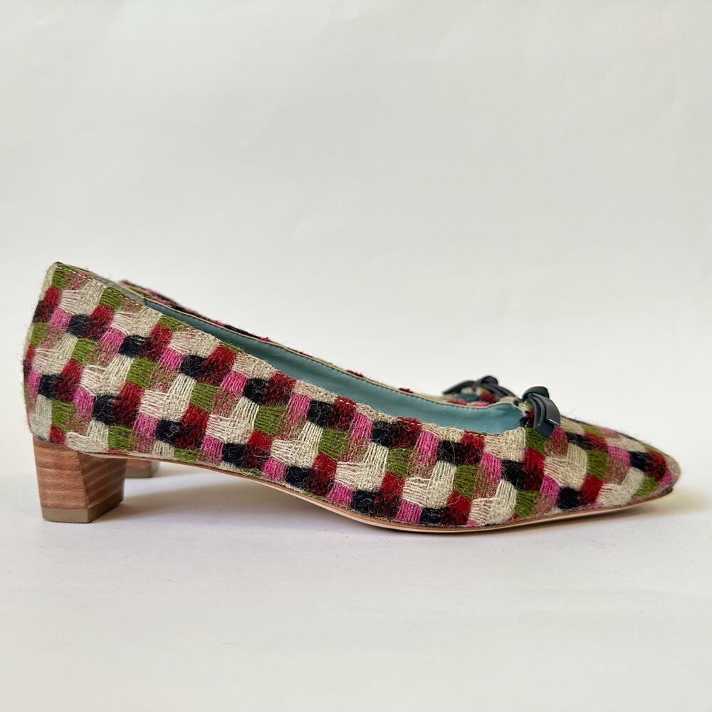 FRANCES VALENTINE Doll Pump Heels Pink Green Basketweave Plaid Bow